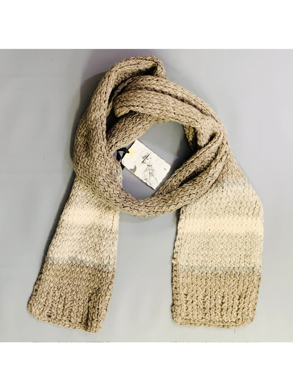 GREG LAUREN Cream Taupe Knit Churro Wool Scarf